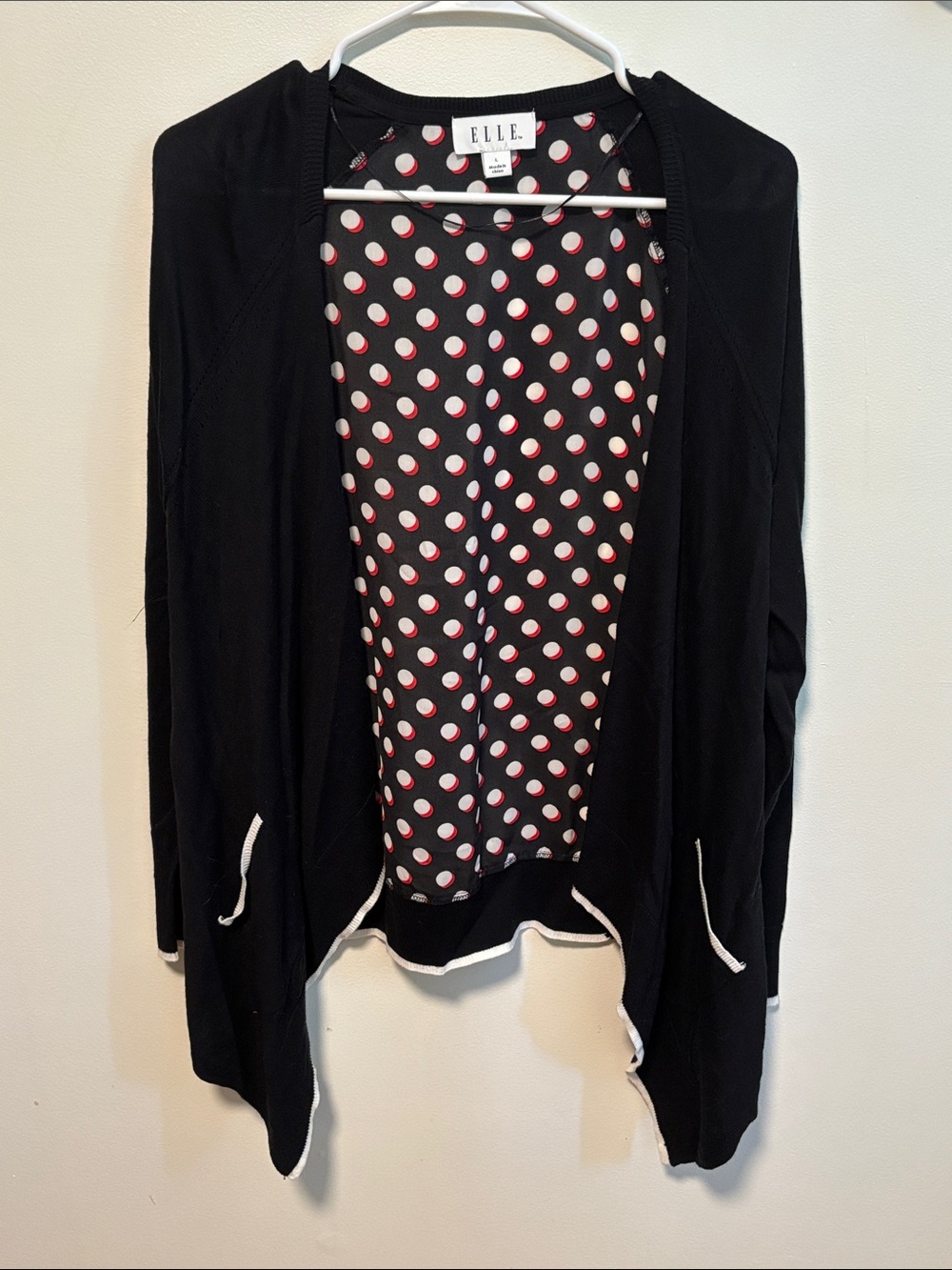 Elle Black Open Front Cardigan with Polka Dot Lining